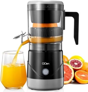 QCen Electric Citrus Juicer, Portable Orange Squeezer for Orange, Lemon, Grapefruit, One Touch Operation, Easy to Use and Clean, Electric Orange Juicer with Cleaning Brush (Black)