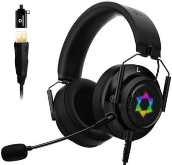 ES09 Stereo Gaming Headset: 7.1 Surround Sound, 50mm Drive, Detachable Noise Cancelling Microphone, Memory Foam Ear Muffs, RGB Light, for PC, PS4，PS5, Xbox One, Switch-Black