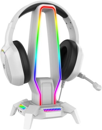 IMYB G6 RGB Headphone Stand with 3 USB 3.0, HD Audio, Type-C Port, Gaming Headset Holder for Desk, 8 Light Modes and Non-Slip Base Suitable, PC Gaming Setup Accessories Gamer Gift (White)