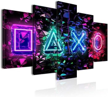 3D Gaming Pictures Canvas Wall Décor Neon Gamer Symbols Buttons Painting Artwork 5 Panels Colorful Cool Game Art Prints for Kids Game Room Bedroom 60″W x30″H