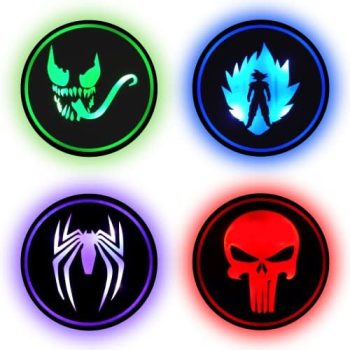 Gaming Coasters by Dreamcontroller USB Rechargeable LED Coaster for Gamer Room Decor. Light up Coasters for Gaming Desk Decor, Nerd Decorations, Nerdy Man Cave Decor 3.7″ Anime Coasters for Gamer Gift